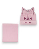 PanPan 35 Zestaw czapka i komin dla dziewczynki - bawełna, jednorożec, kokarda zawiera jasnoróżową czapkę jednorożca z uszami, kokardą i rogiem oraz pasujący ocieplacz na szyję - idealny komplet wiosenny dla dzieci na wiosnę.