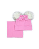 Komplet „Pom Pom” w kolorze Baby pink – czapka z podwójnym pomponem i komin, zdjęcie produktowe na białym tle.