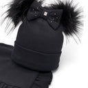 Zestaw zimowy dla dziewczynki. Czapka z pomponami. Chusta. Kokarda. Polar. Bawełna. Czarna.