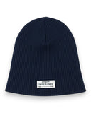 Zestaw czapka beanie i komin dla chłopca - bawełna, prążek, wiosna od PanPan 35 to granatowa bawełniana czapka w prążki z białą naszywką z przodu z napisem "panpon TALENT IS POWER EST. EEBB.