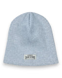 PanPan 35 Zestaw czapka beanie i komin dla chłopca to jasnoszara, prążkowana bawełniana czapka wiosenna z naszywką z przodu z napisem TALENT IS POWER, mniejszym tekstem i małym logo powyżej.