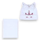 Czapka wiosenna dla dziewczynki. Bawełniana. Biała. Jednorożec