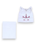 PanPan 35 Zestaw czapka i komin dla dziewczynki - bawełna, jednorożec, kokarda zawiera białą czapkę jednorożca z rogiem, uszami i kokardą oraz pasujący biały komin. Idealna jako komplet wiosenny dla dzieci.