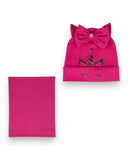 PanPan 35 Zestaw czapka i komin dla dziewczynki - bawełna, jednorożec, kokarda zawiera jasnoróżową czapkę z rogiem jednorożca i kokardą oraz pasujący ocieplacz na szyję - uroczy komplet wiosenny dla dzieci na białym tle.