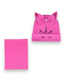 PanPan 35 Zestaw czapka i komin dla dziewczynki - bawełna, jednorożec, kokarda zawiera różowy dzianinowy zestaw z gładkim ocieplaczem na szyję i czapką z kocimi uszami, kokardą i fioletową twarzą jednorożca.