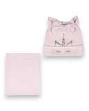 PanPan 35 Zestaw czapka i komin dla dziewczynki - bawełna, jednorożec, kokarda przedstawia jasnoróżową czapkę z błyszczącym jednorożcem, kokardą, kocimi uszami i pasującym ocieplaczem na szyję, wyświetlanym na białym tle.