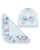 PanPan 35 Zestaw czapka z kokardą i chusta dla dziewczynki zawiera białą bawełnianą czapkę i pasujący szalik z kwiatowym nadrukiem - idealny jako wiosenny zestaw akcesoriów dla dzieci.