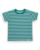 Bawełniany T-shirt w zielono-białe paski marki PanPan 35 dla chłopca, klasyczny krój na lato, z krótkim rękawem i jednolitym zielonym dekoltem, ułożony na białym tle.