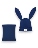 PanPan 35 Zestaw czapka z uszami królika i komin - bawełna, prążek posiada ciemnoniebieską dzianinową czapkę z wysokimi króliczymi uszami i naszywką z kocią twarzą oraz pasujący ocieplacz na szyję - idealny wiosenny komplet czapka dla dzieci.
