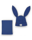 PanPan 35 Zestaw czapka z uszami królika i komin - bawełna, prążek posiada niebieską prążkowaną czapkę dziecięcą z wysokimi uszami królika i naszywką z twarzą zwierzęcia, a także pasujący ocieplacz na szyję - idealny jako wiosenny komplet czapki.