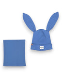 PanPan 35 Zestaw czapka z uszami królika i komin - bawełna, prążek zawiera czapkę z długimi króliczymi uszami, uroczą wąsatą buzię i wysoki ocieplacz na szyję. Idealny dla dzieci, zestaw przedstawiony na białym tle.