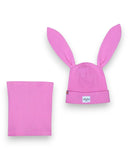 PanPan 35 Zestaw czapka z uszami królika i komin - bawełna, prążek to różowy prążkowany zestaw wiosenny z czapką z długim uszkiem królika z wywiniętym rondem i uroczą naszywką kota oraz pasującym ocieplaczem na szyję.