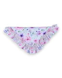 Kwieciste figi bikini w różowe, fioletowe i niebieskie kwiaty doskonale komponują się z zestawem PanPan 35 Zestaw czapka z uszami królika i chustą dla dziewczynki - oba mają urocze kwiatowe nadruki dla skoordynowanej wiosennej stylizacji.