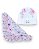 PanPan 35 Zestaw czapka z uszami królika i chustą dla dziewczynki to bawełniany komplet z białą czapką w kwiatowy print oraz różowo-fioletową chustką. Delikatny, miękki design idealny na wiosnę dla maluszka.