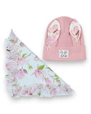 PanPan 35 Zestaw czapka z uszami królika i chustą dla dziewczynki to uroczy, bawełniany komplet na wiosnę: różowa czapka z króliczymi uszkami i kwiatowa chusta - idealna na spacer dla małej księżniczki.