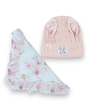 Zestaw czapka z uszami królika i chustą dla dziewczynki" PanPan 35 - bladoróżowa czapka z kwiatowymi uszami królika i falbaniastą chustą z kwiatowym nadrukiem. Bawełna, idealny komplet na wiosnę dla maluszka.